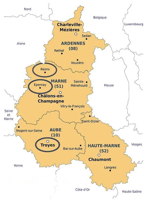 Carte de la région Champagne ardennes avec départements et villes