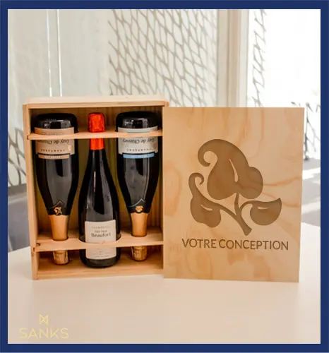 Wooden pack with tree champagne bottle