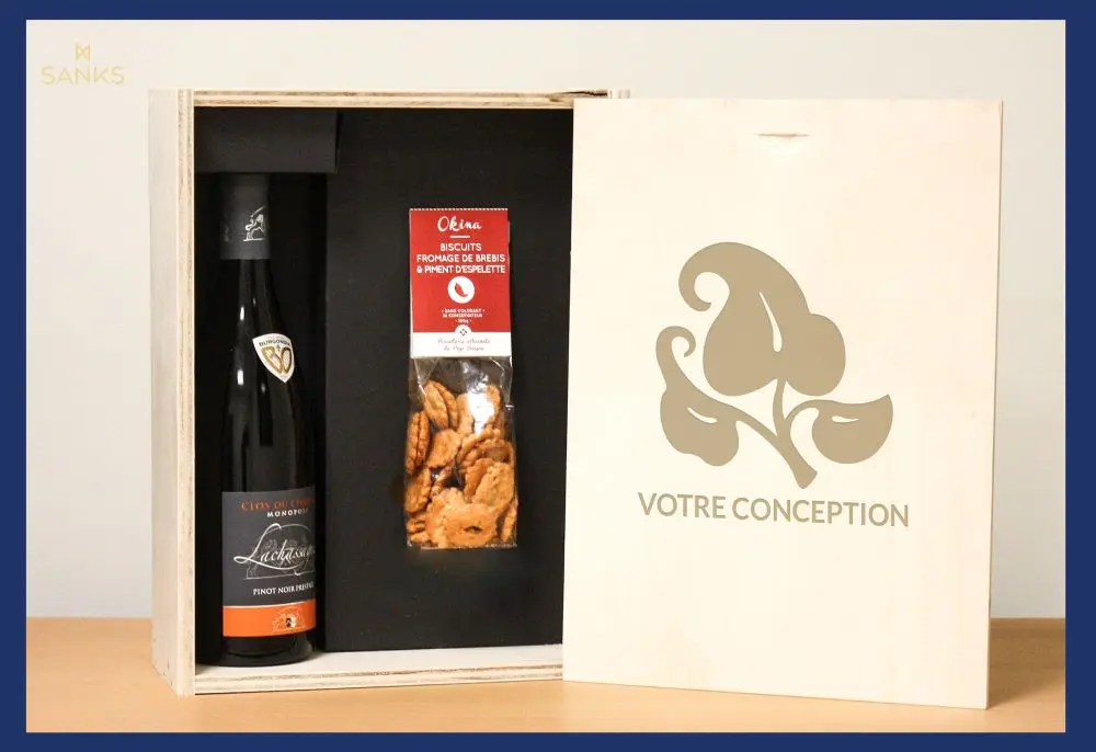 Coffret bois vin bourgogne et biscuits